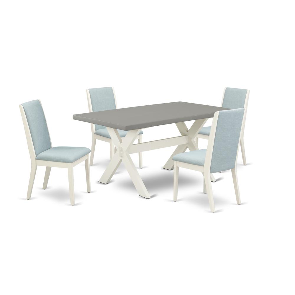 East West Furniture X096LA015-5 5Pc Kitchen Set Contains a Wood Table and 4 Parson Chairs with Baby Blue Color Linen Fabric, Medium Size Table with Full Back Chairs, Wirebrushed Linen White and Cement. Picture 1