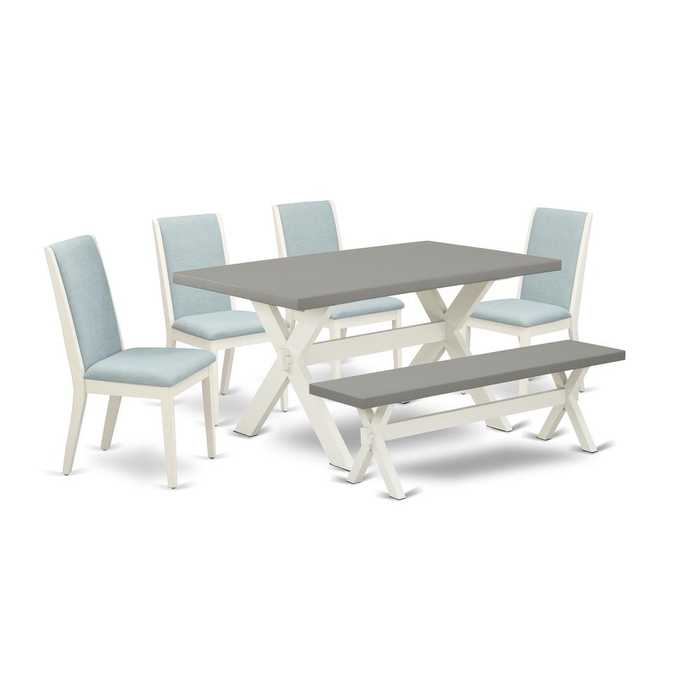 East West Furniture X096LA015-6 6Pc Wood Dining Table Set Includes a Dining Room Table, 4 Parson Chairs with Baby Blue Color Linen Fabric and a Bench, Medium Size Table with Full Back Chairs, Wirebrus. Picture 1