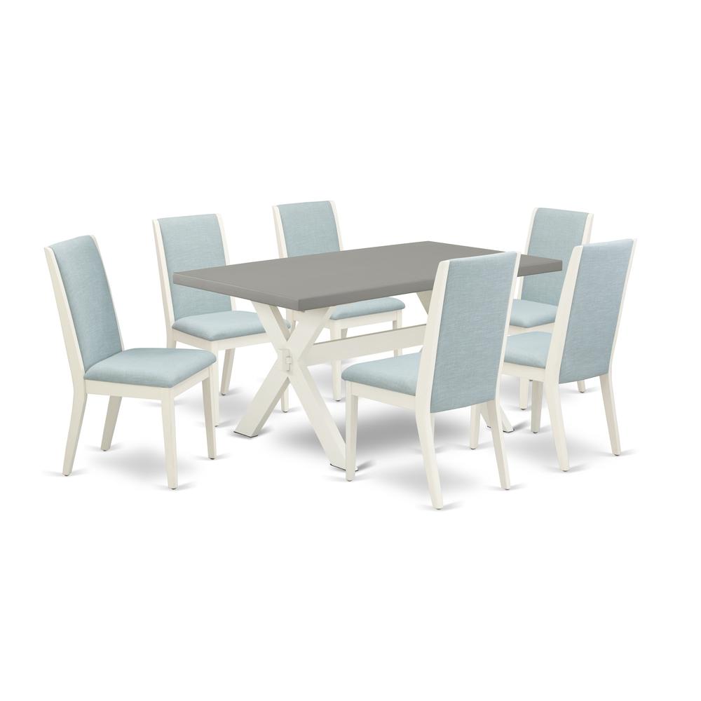 East West Furniture X096LA015-7 7Pc Modern Dining Table Set Includes a Dinette Table and 6 Parson Chairs with Baby Blue Color Linen Fabric, Medium Size Table with Full Back Chairs, Wirebrushed Linen W. Picture 1