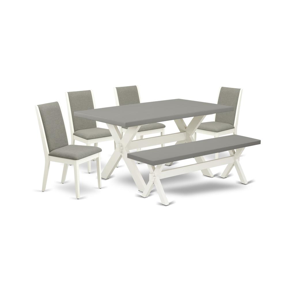 East West Furniture X096LA206-6 6-Piece Fashionable Modern Dining Table Set a Superb Cement Color Kitchen Table Top and Cement Color Bench and 4 Gorgeous Linen Fabric Dining Chairs with Stylish Chair. Picture 1
