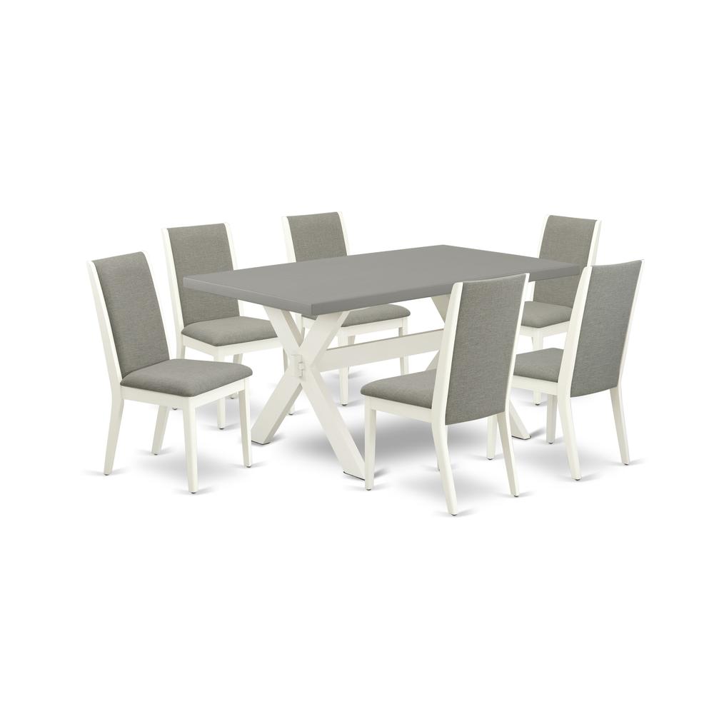 East West Furniture X096LA206-7 7-Piece Modern Dining Room Table Set a Good Cement Color Wood Dining Table Top and 6 Wonderful Linen Fabric Kitchen Chairs with Stylish Chair Back, Linen White Finish. Picture 1