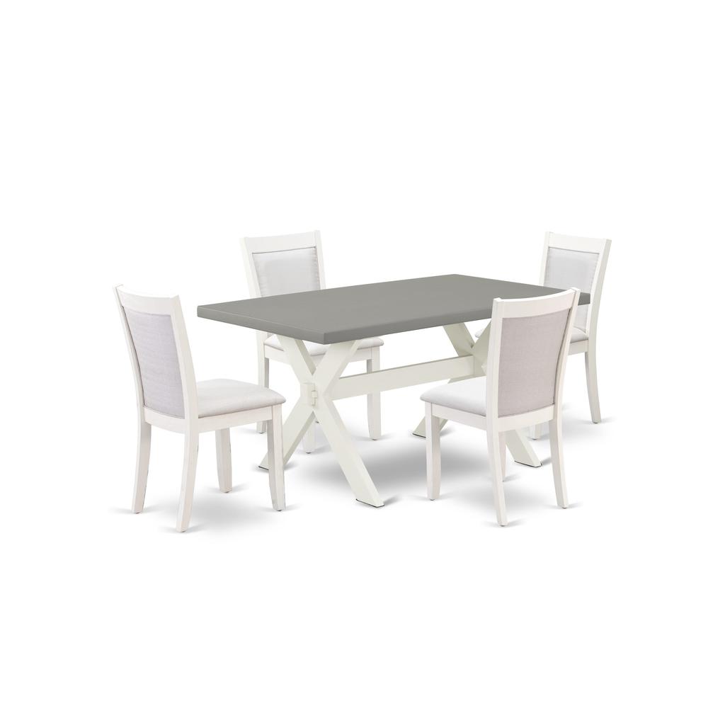 East West Furniture 5-Piece Modern Dining Table Set Includes a Mid Century Dining Table and 4 Cream Linen Fabric Dinning Room Chairs with Stylish Back - Wire Brushed Linen White Finish. Picture 2