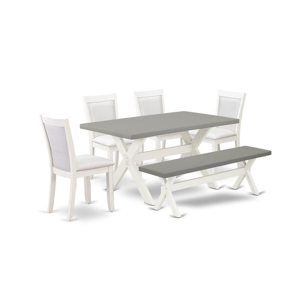 East West Furniture 6-Piece Modern Dining Table Set Includes a Kitchen Table - 4 Cream Linen Fabric Dining Chairs with Stylish Back and a Dining Bench - Wire Brushed Linen White Finish. Picture 2