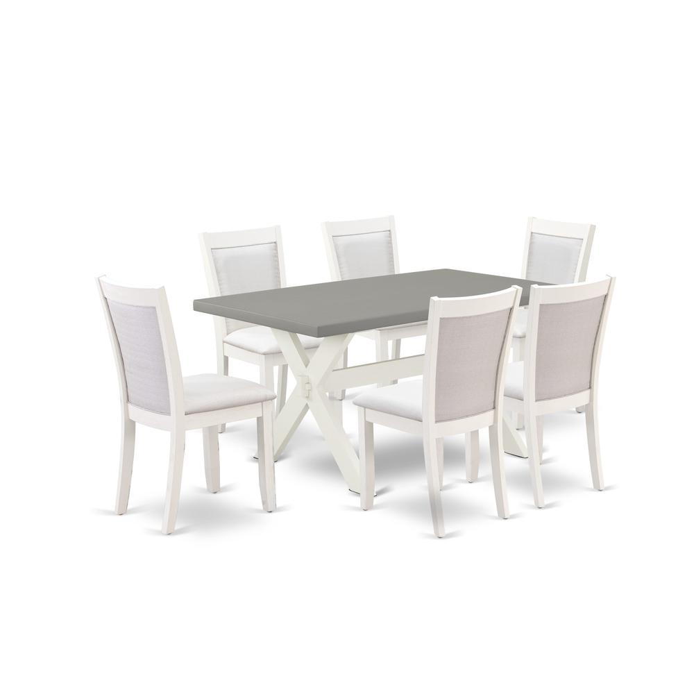 East West Furniture 7-Piece Table Set Includes a Wooden Kitchen Table and 6 Cream Linen Fabric Modern Dining Chairs with Stylish Back - Wire Brushed Linen White Finish. Picture 2