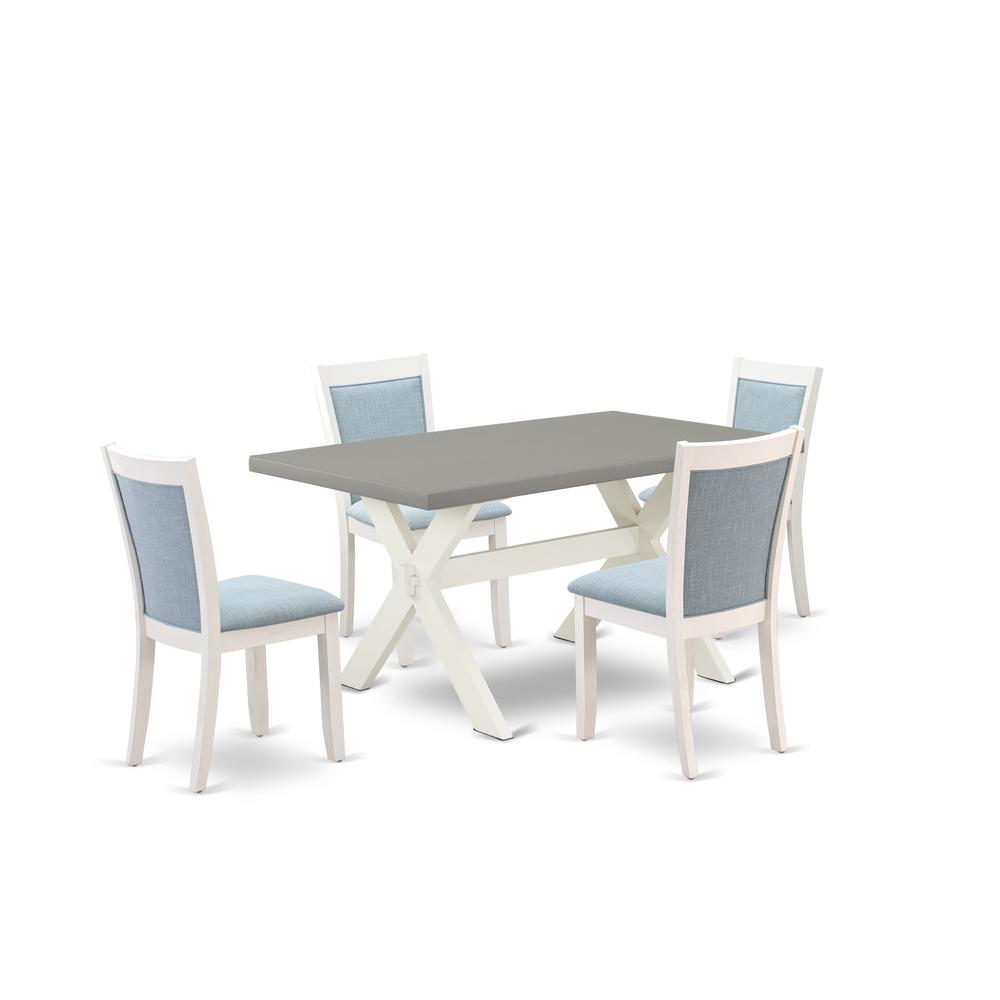 East West Furniture 5-Piece Kitchen Table Set Includes a Wooden Table and 4 Baby Blue Linen Fabric Dining Room Chairs with Stylish Back - Wire Brushed Linen White Finish. Picture 2