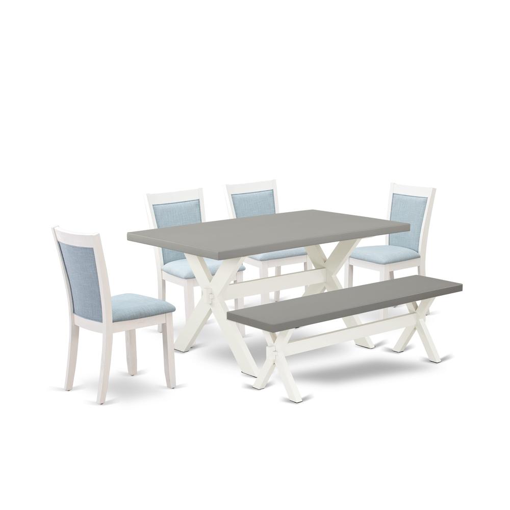 East West Furniture 6-Piece Kitchen Table Set Includes a Dinner Table - 4 Baby Blue Linen Fabric Parson Chairs with Stylish Back and a Dining Bench - Wire Brushed Linen White Finish. Picture 2