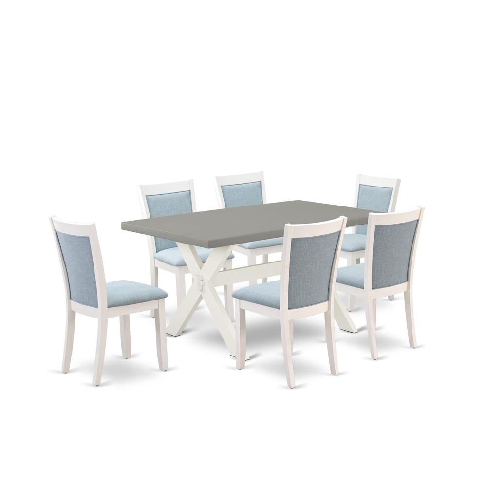 East West Furniture 7-Piece Dining Room Set Includes a Wooden Table and 6 Baby Blue Linen Fabric Upholstered Dining Chairs with Stylish Back - Wire Brushed Linen White Finish. Picture 2