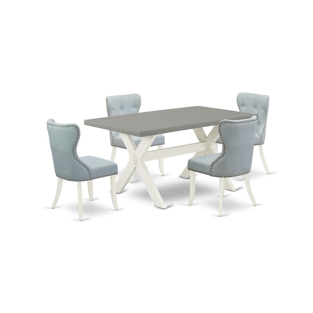East West Furniture X096SI215-5 5-Pc Kitchen Dining Room Set- 4 Parson Dining Room Chairs with Baby Blue Linen Fabric Seat and Button Tufted Chair Back - Rectangular Table Top & Wooden Cross Legs - Ce. Picture 1