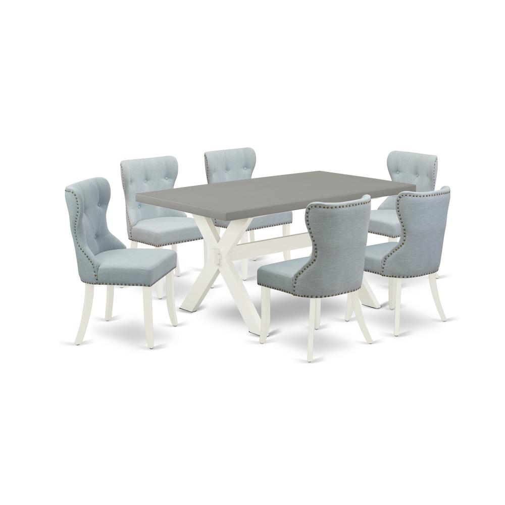 East West Furniture X096SI215-7 7-Pc Kitchen Dining Room Set- 6 Kitchen Parson Chairs with Baby Blue Linen Fabric Seat and Button Tufted Chair Back - Rectangular Table Top & Wooden Cross Legs - Cement. Picture 1