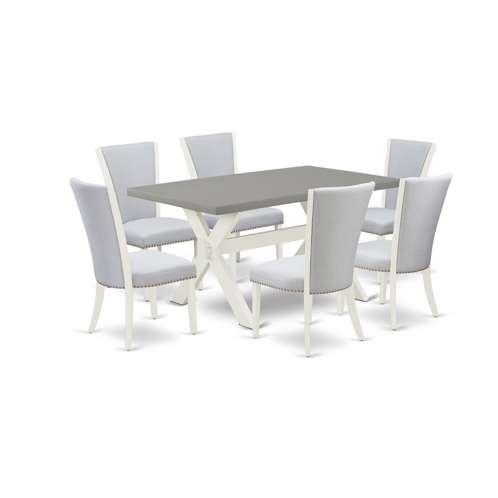 East West Furniture 7-Pc Modern Dining Table Set Consists of 6 Mid Century Modern Dining Chairs with Upholstered Seat -Rectangular Wood Dining Table - Cement and Wirebrushed Linen White Finish. Picture 1