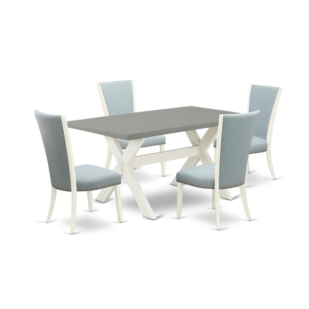 East West Furniture X096VE215-5 5 Piece Dining Table Set - 4 Baby Blue Linen Fabric Parson Dining Chairs with Nailheads and Cement Wooden Dining Table - Linen White Finish. Picture 1