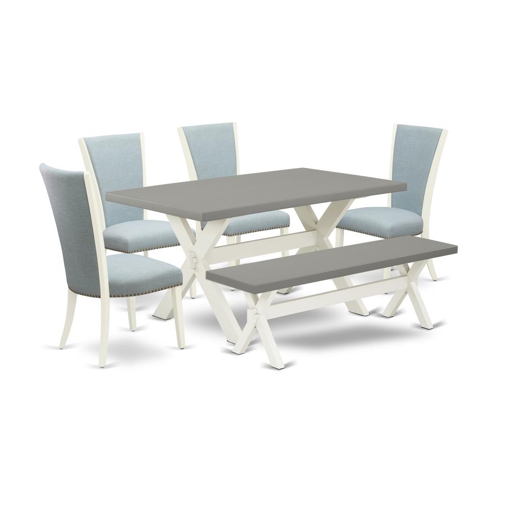 East West Furniture X096VE215-6 6 Piece Modern Dining Table Set - 4 Baby Blue Linen Fabric Parson Dining Chairs with Nailheads and Cement Kitchen Table - 1 Small Bench - Linen White Finish. Picture 1