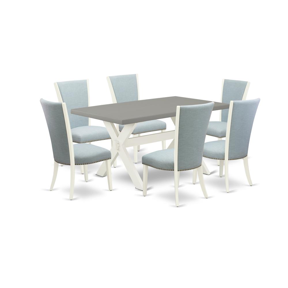 East West Furniture X096VE215-7 7 Piece Dining Room Table Set - 6 Baby Blue Linen Fabric Parson Dining Chairs with Nailheads and Cement Mid Century Dining Table - Linen White Finish. Picture 1