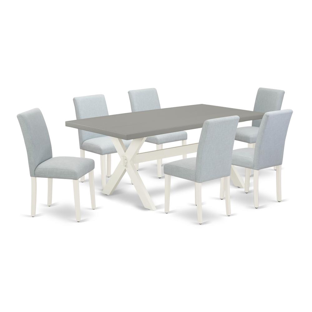 East West Furniture 7-Pc Kitchen Table Set Includes 6 Dining Chairs with Upholstered Seat and High Back and a Rectangular Dinner Table - Linen White Finish. Picture 1