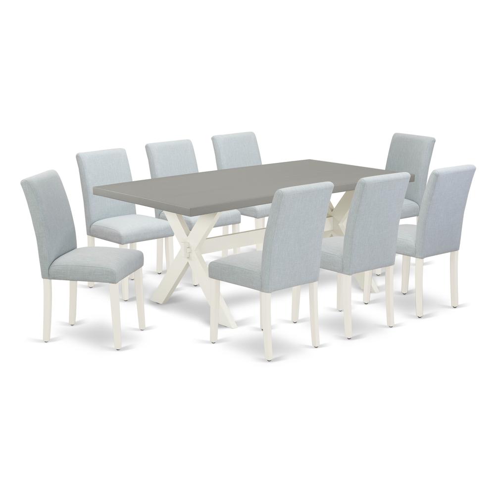 East West Furniture 9-Piece Dining Table Set Includes 8 Dining Room Chairs with Upholstered Seat and High Back and a Rectangular Breakfast Table - Linen White Finish. Picture 1