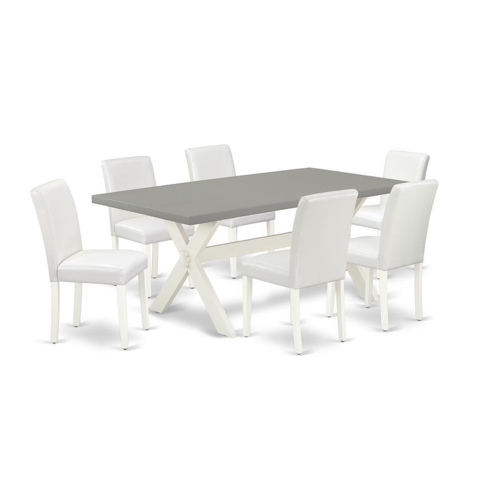 East West Furniture X097AB264-7 7-Piece Modern Rectangular Table Set an Excellent Cement Color Kitchen Table Top and 6 Awesome Pu Leather Parson Chairs with Stylish Chair Back, Linen White Finish. Picture 1