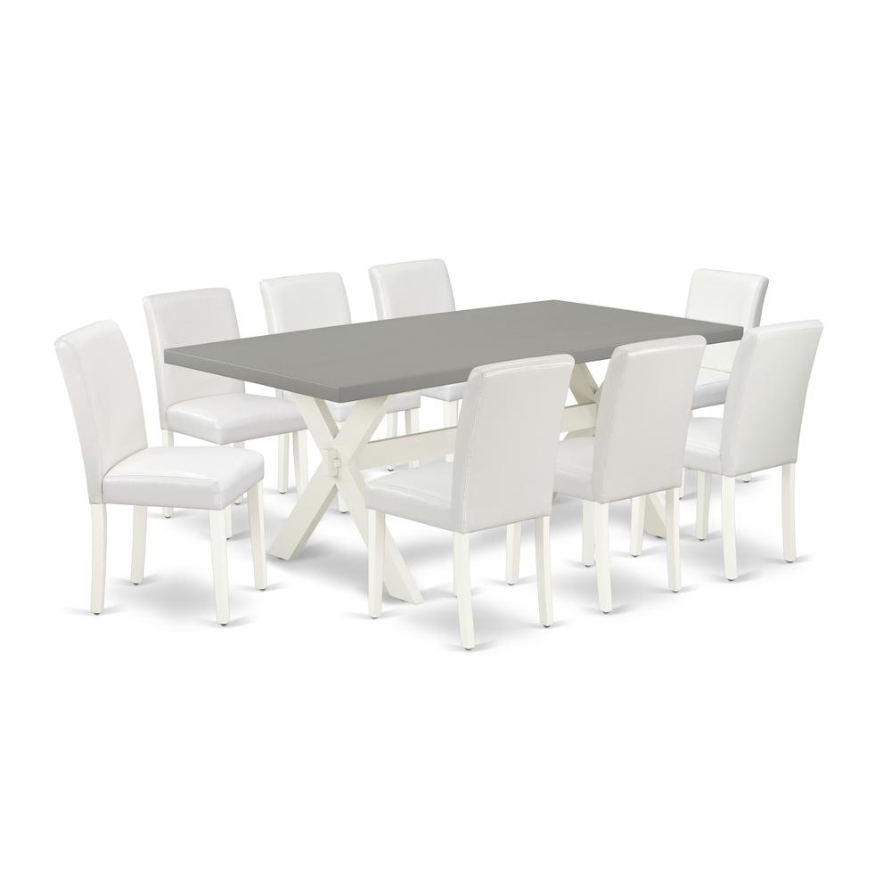 East West Furniture X097AB264-9 9-Piece Awesome Dining Set a Great Cement Color Kitchen Table Top and 8 Lovely Pu Leather Solid Wood Leg Chairs with Stylish Chair Back, Linen White Finish. Picture 1