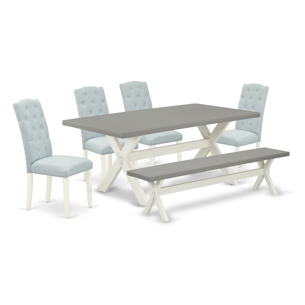 East West Furniture 6-Piece Dining Table Set- 4 Parson Dining Chairs with Baby Blue Linen Fabric Seat and Button Tufted Chair Back - Rectangular Top & Wooden Cross Legs Dining table and dining bench -. Picture 1