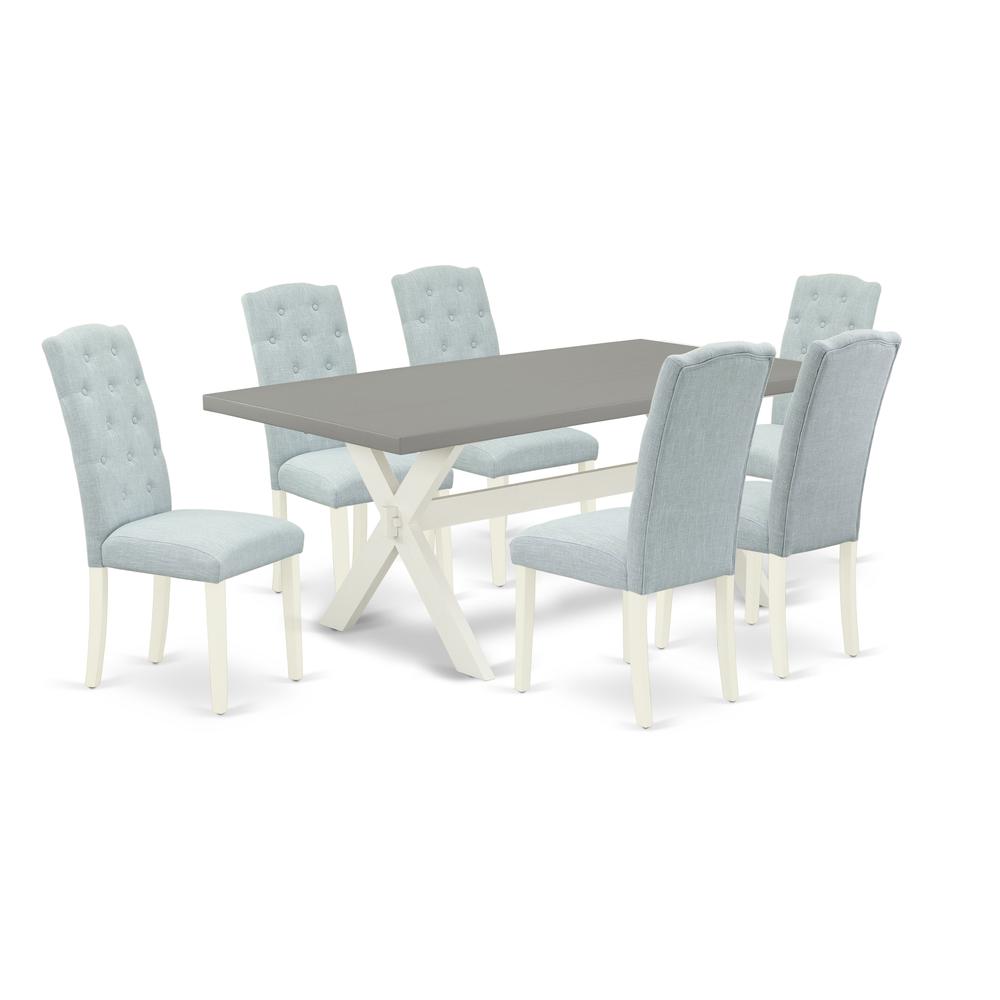 East West Furniture 7-Piece Kitchen Dining Room Set- 6 Parson Chairs with Baby Blue Linen Fabric Seat and Button Tufted Chair Back - Rectangular Table Top & Wooden Cross Legs - Cement and Linen White. Picture 1