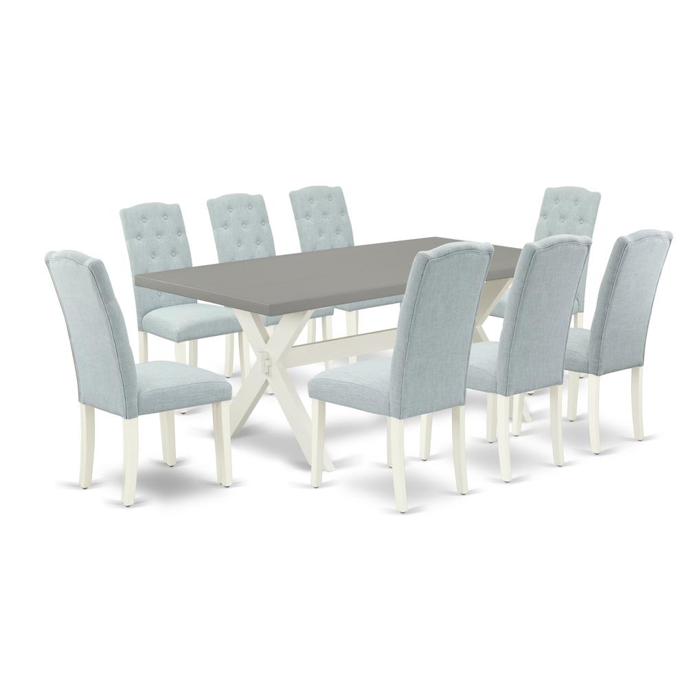 East West Furniture 9-Piece Dinette Set- 8 Parson Dining Chairs with Baby Blue Linen Fabric Seat and Button Tufted Chair Back - Rectangular Table Top & Wooden Cross Legs - Cement and Linen White Finis. Picture 1