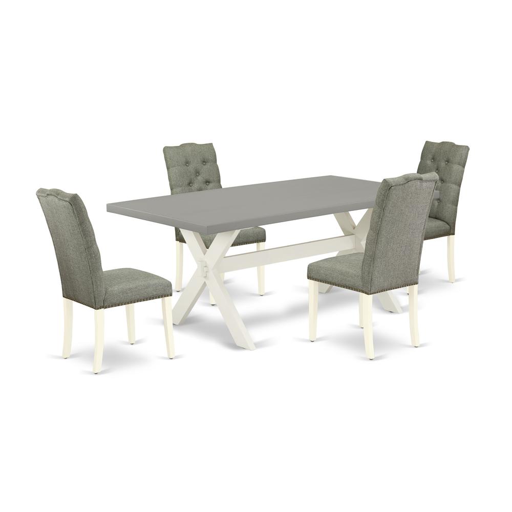 East West Furniture 5-Piece Dining Room Table Set- 4 padded parson chairs with Smoke Linen Fabric Seat and Button Tufted Chair Back - Rectangular Table Top & Wooden Cross Legs - Cement and Linen White. Picture 1