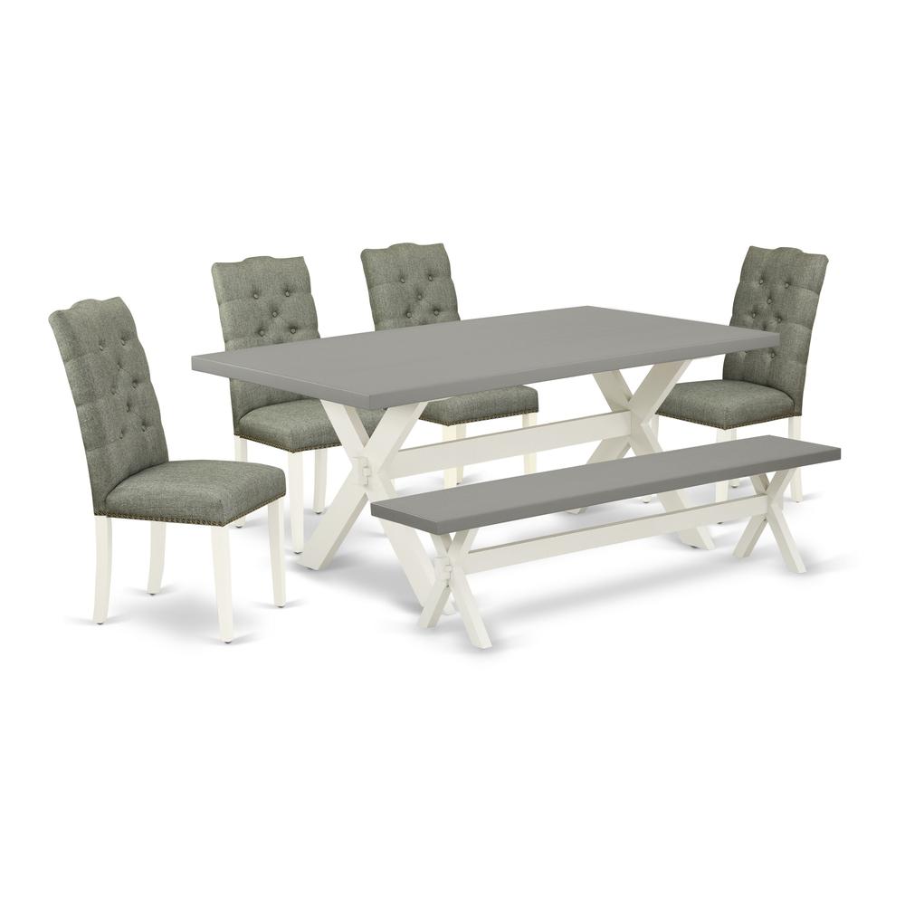 East West Furniture 6-Pc Dinette Room Set- 4 Parson Chairs with Smoke Linen Fabric Seat and Button Tufted Chair Back - Rectangular Top & Wooden Cross Legs Dining Room Table and Small Bench - Cement an. Picture 1