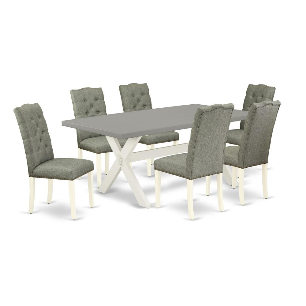 East West Furniture 7-Pc Kitchen Dining Room Set- 6 padded parson chairs with Smoke Linen Fabric Seat and Button Tufted Chair Back - Rectangular Table Top & Wooden Cross Legs - Cement and Linen White. Picture 1