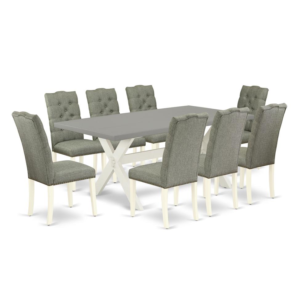 East West Furniture 9-Pc Dinette Set- 8 Parson Dining Chairs with Smoke Linen Fabric Seat and Button Tufted Chair Back - Rectangular Table Top & Wooden Cross Legs - Cement and Linen White Finish. Picture 1