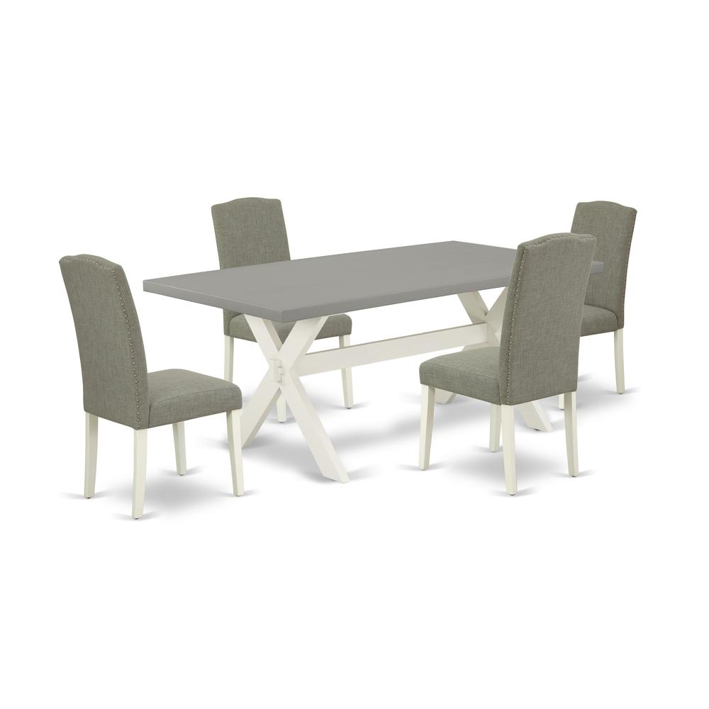 East West Furniture 5-Piece Modern Dining Table Set an Excellent Cement Color rectangular Table Top and 4 Excellent Linen Fabric Dining Chairs with Nail Heads and Stylish Chair Back, Linen White Finis. Picture 1