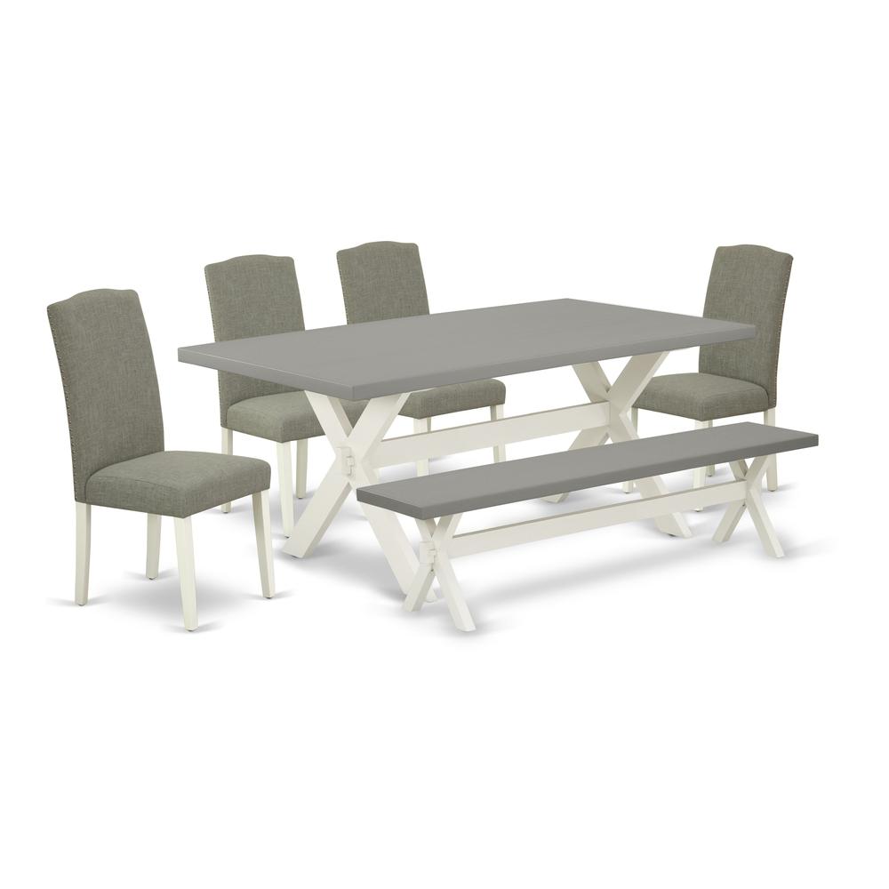 East West Furniture 6-Piece Awesome Dining Table Set an Outstanding Cement Color Wood Table Top and Cement Color Bench and 4 Wonderful Linen Fabric Solid Wood Leg Chairs with Nail Heads and Stylish Ch. Picture 1