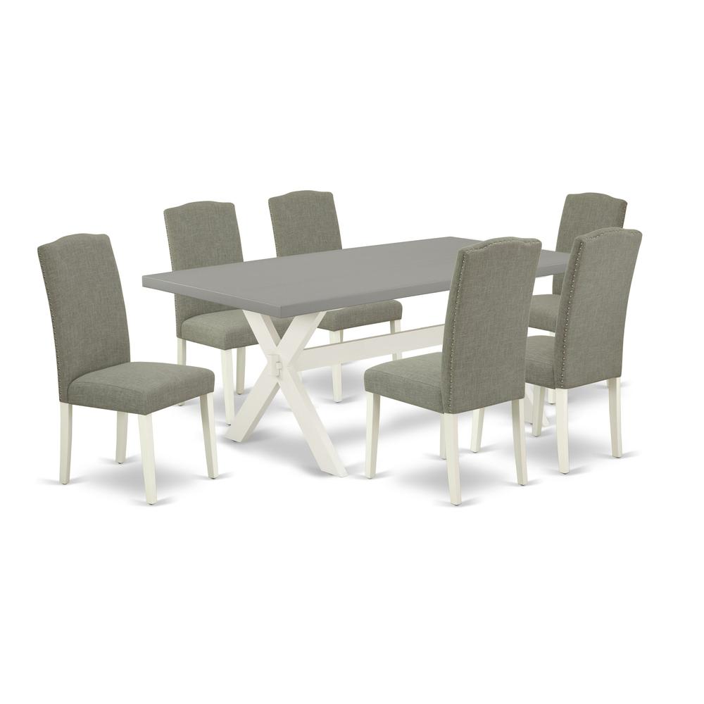 East West Furniture 7-Piece Stylish Dining Table Set an Excellent Cement Color Dining Room Table Top and 6 Attractive Linen Fabric Kitchen Chairs with Nail Heads and Stylish Chair Back, Linen White Fi. Picture 1