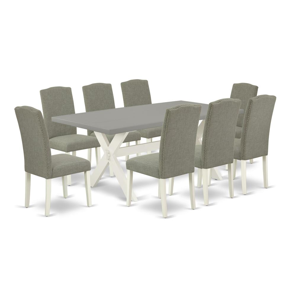East West Furniture 9-Piece Modern Dining Room Set an Excellent Cement Color dining table Top and 8 Gorgeous Solid Wood Legs and Linen Fabric Seat Chairs with Nail Heads and Stylish Chair Back, Linen. Picture 1