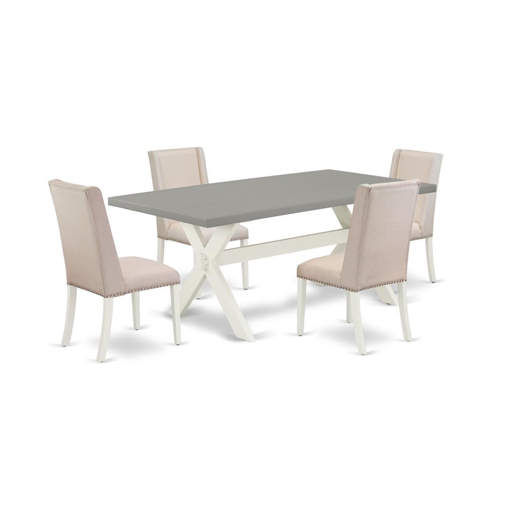East West Furniture X097FL201-5 5-Piece Modern Dinette Set an Excellent Cement Color Dining Table Top and 4 Gorgeous Linen Fabric Kitchen Chairs with Nail Heads and Stylish Chair Back, Linen White Fin. Picture 1