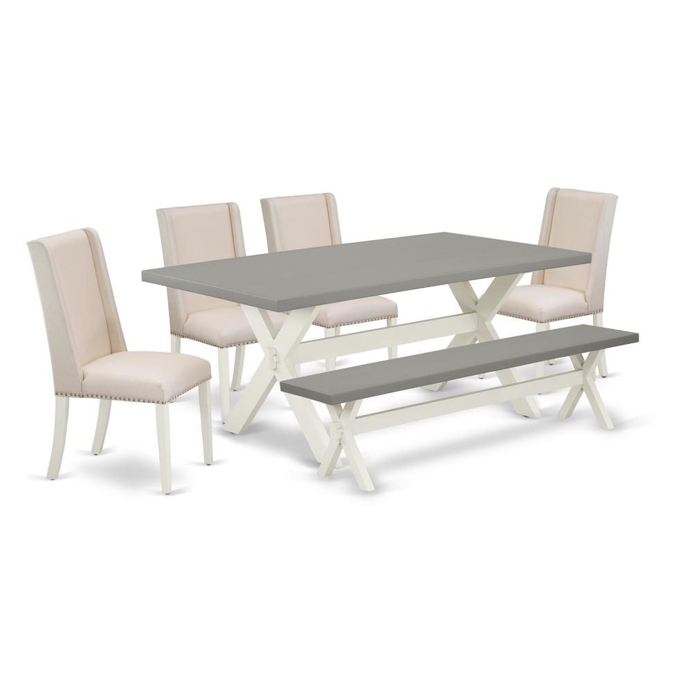 East West Furniture X097FL201-6 6-Piece Amazing Dining Table Set a Premium Quality Cement Color rectangular Table Top and Cement Color Small Bench and 4 Beautiful Linen Fabric Parson Chairs with Nail. The main picture.