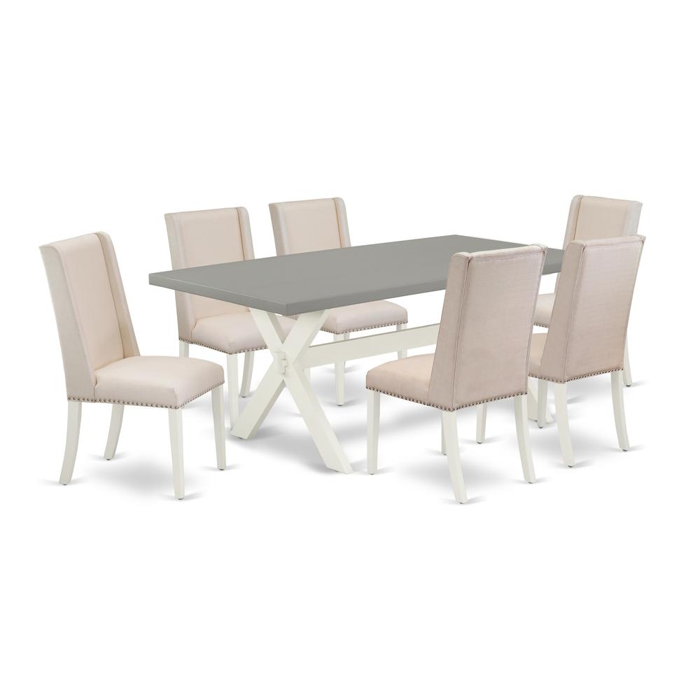 East West Furniture X097FL201-7 7-Piece Fashionable Modern Dining Table Set a Great Cement Color rectangular Table Top and 6 Excellent Linen Fabric Dining Chairs with Nail Heads and Stylish Chair Back. Picture 1