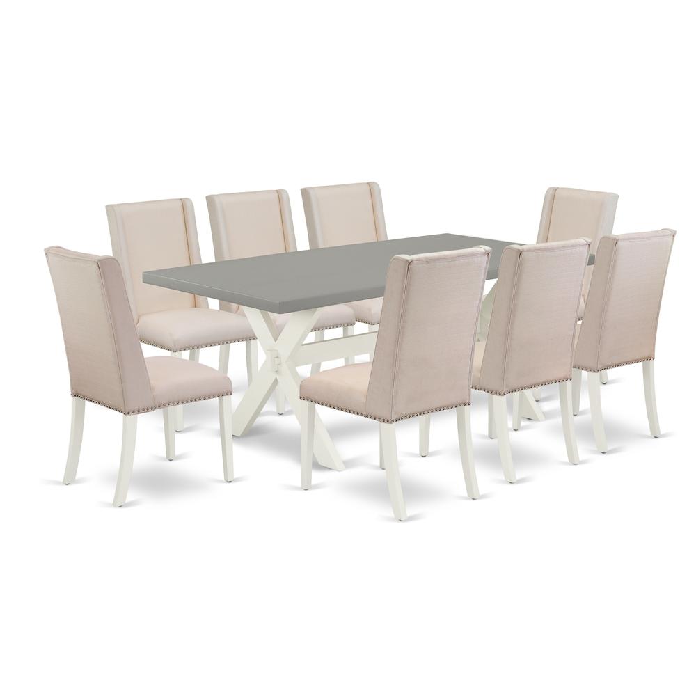 East West Furniture X097FL201-9 9-Piece Amazing Dining Table Set a Great Cement Color Wood Dining Table Top and 8 Stunning Linen Fabric Parson Chairs with Nail Heads and Stylish Chair Back, Linen Whit. Picture 1