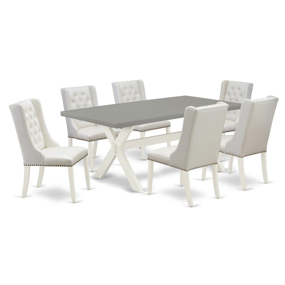 East West Furniture X097FO244-7 7-Piece Kitchen Table Set Consists of 6 White Pu Leather Upholstered Dining Chairs with Nailheads and Modern Dining Table - Linen White Finish. Picture 1