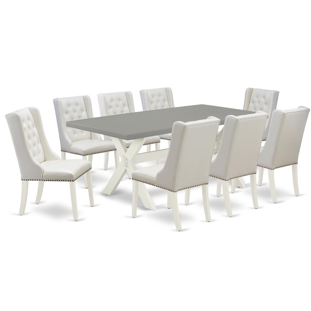East West Furniture X097FO244-9 9-Piece Dining Room Set Consists of 8 White Pu Leather Dining Chairs Button Tufted with Nail heads and Modern Kitchen Table - Linen White Finish. Picture 1