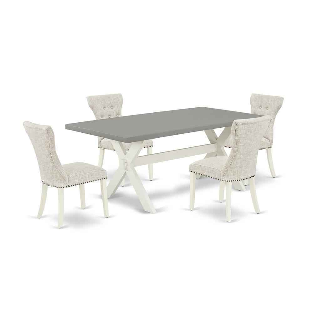East West Furniture 5-Piece Dinette Set- 4 Parson Dining Chairs with Doeskin Linen Fabric Seat and Button Tufted Chair Back - Rectangular Table Top & Wooden Cross Legs - Cement and Linen White Finish. Picture 1