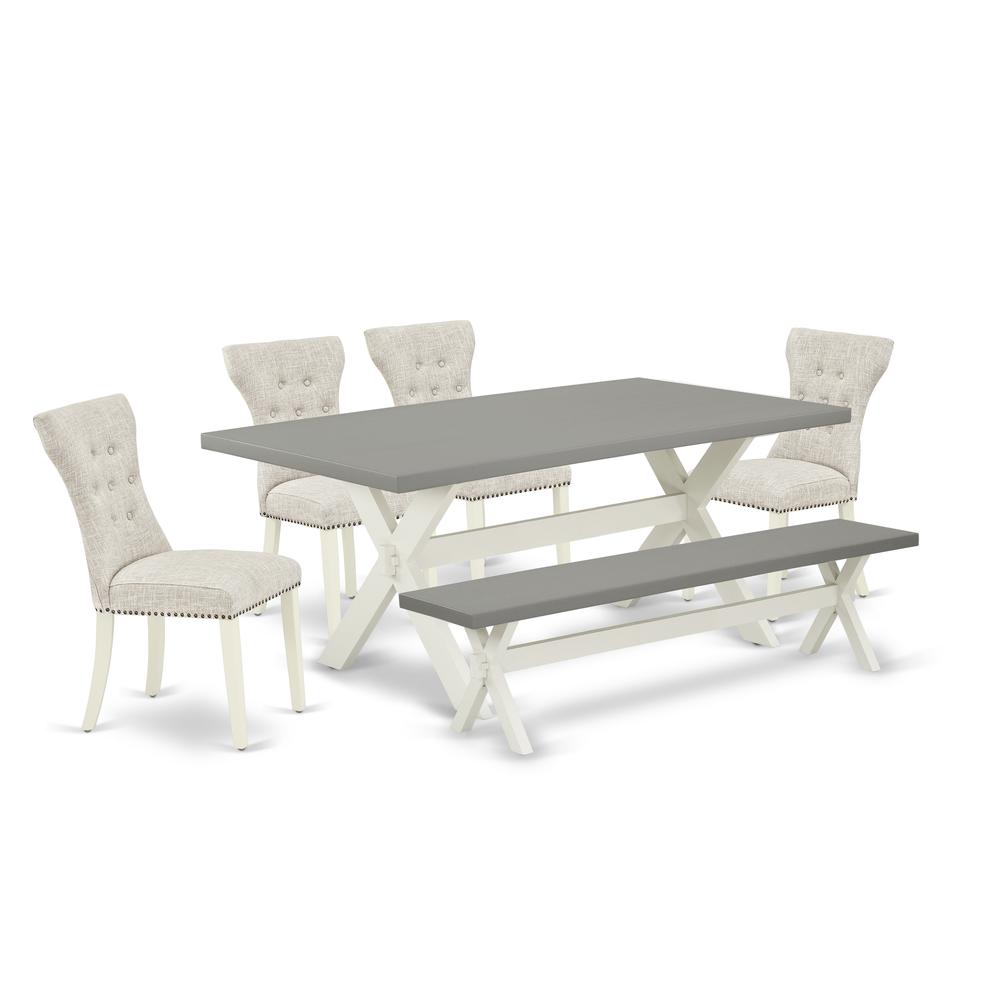 East West Furniture 6-Pc Dinette Set- 4 Kitchen Parson Chairs with Doeskin Linen Fabric Seat and Button Tufted Chair Back - Rectangular Top & Wooden Cross Legs Dinette Table and Kitchen Bench - Cement. Picture 1