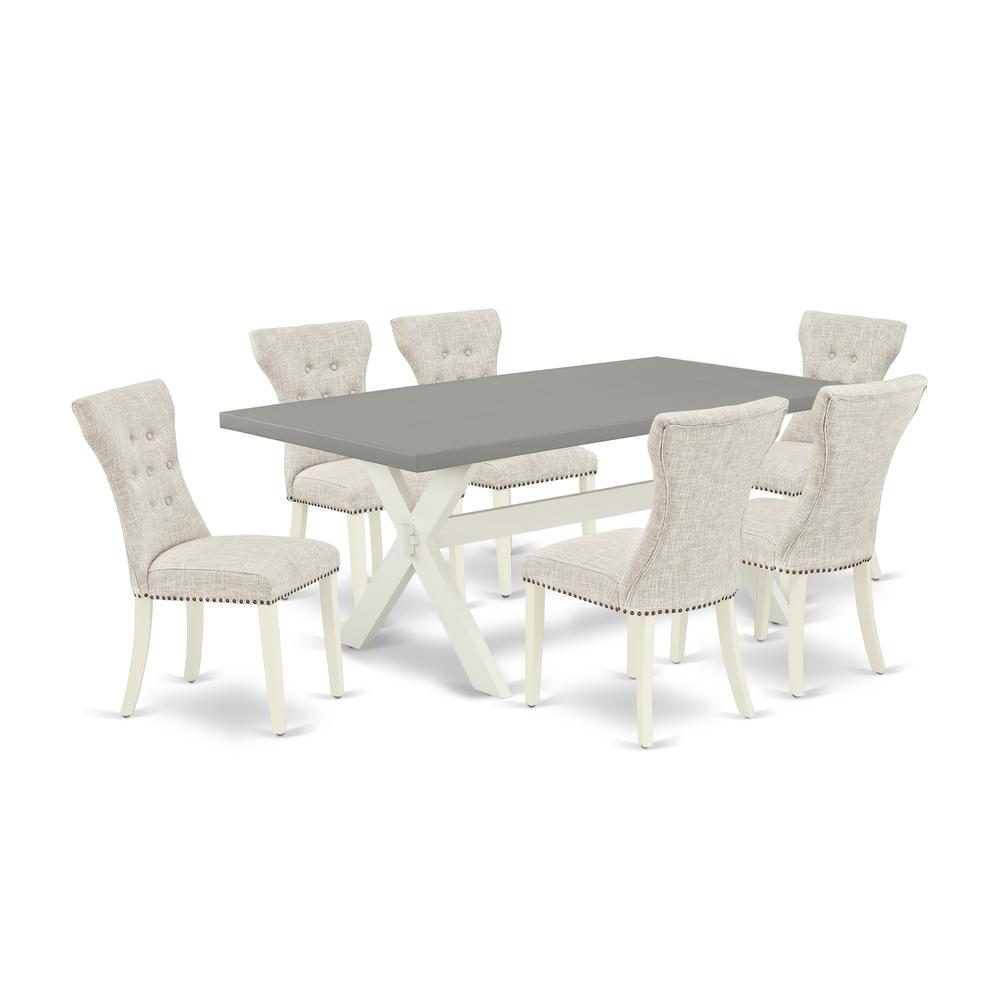 East West Furniture 7-Piece Kitchen Dining Set- 6 Dining Padded Chairs with Doeskin Linen Fabric Seat and Button Tufted Chair Back - Rectangular Table Top & Wooden Cross Legs - Cement and Linen White. Picture 1