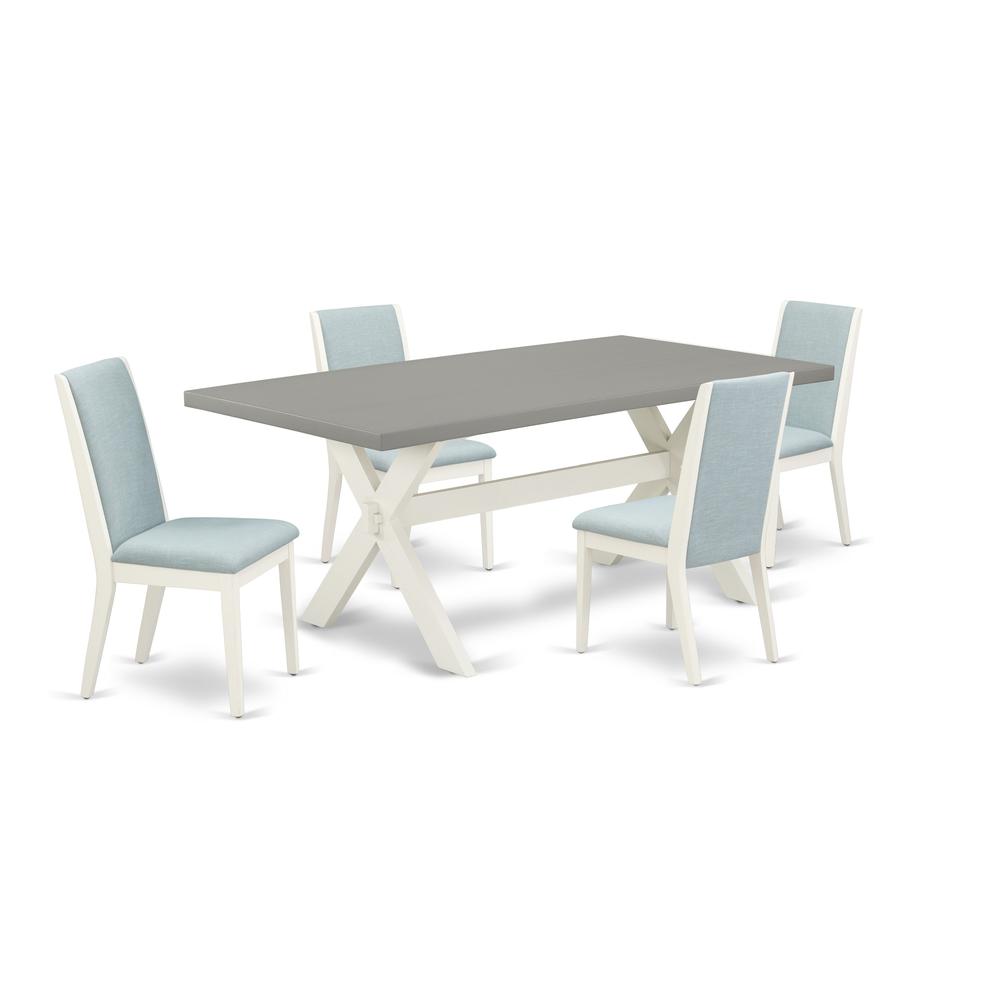 East West Furniture X097LA015-5 5-Piece Gorgeous kitchen table set a Good Cement Color Modern Dining Table Top and 4 Awesome Linen Fabric Parson Chairs with Stylish Chair Back, Linen White Finish. Picture 1