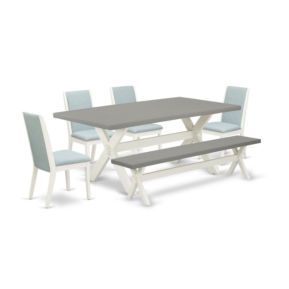 East West Furniture X097LA015-6 6-Piece Awesome Rectangular Dining Room Table Set an Excellent Cement Color Rectangular Dining Table Top and Cement Color Small Bench and 4 Awesome Linen Fabric Kitchen. Picture 1