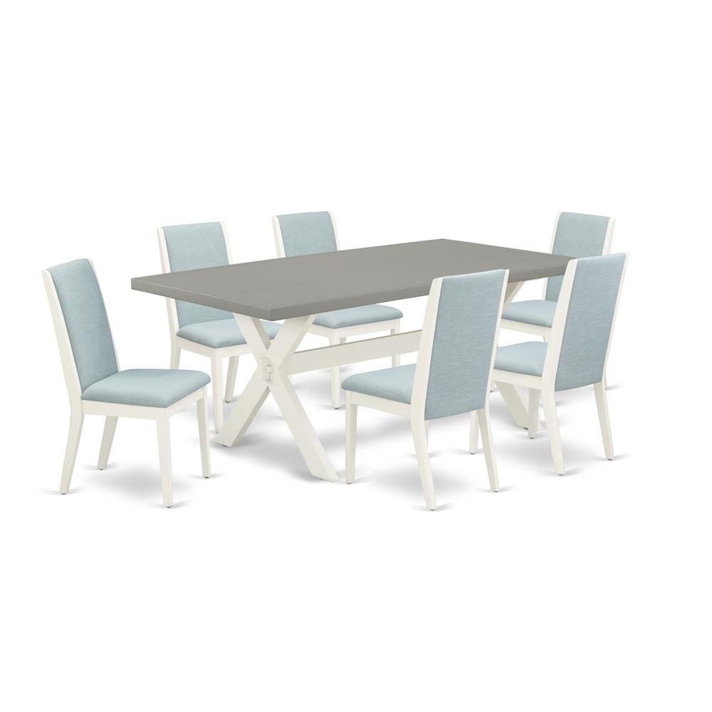 East West Furniture X097LA015-7 7-Piece Modern kitchen table set a Superb Cement Color rectangular Table Top and 6 Awesome Linen Fabric Dining Chairs with Stylish Chair Back, Linen White Finish. Picture 1