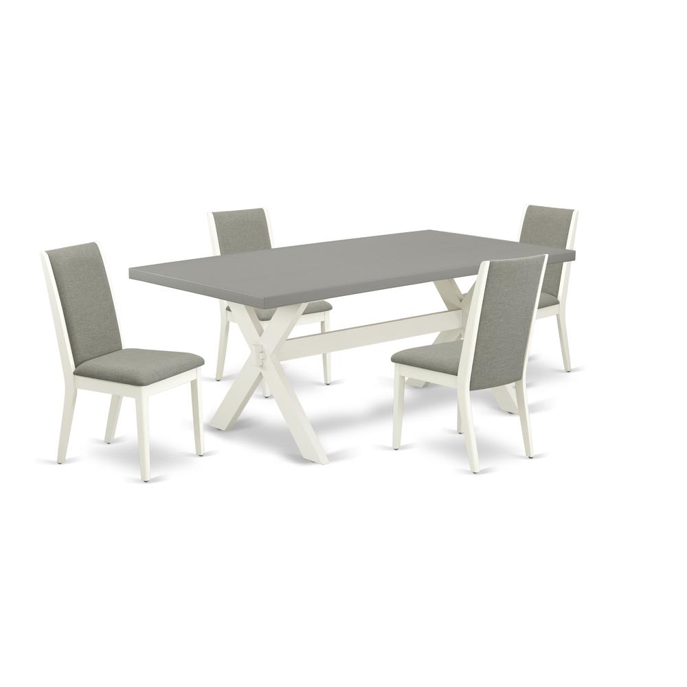 East West Furniture X097LA206-5 5-Piece Fashionable Dining Room Table Set a Superb Cement Color Wood Table Top and 4 Linen Fabric Wonderful Padded Chairs with Stylish Chair Back, Linen White Finish. Picture 1
