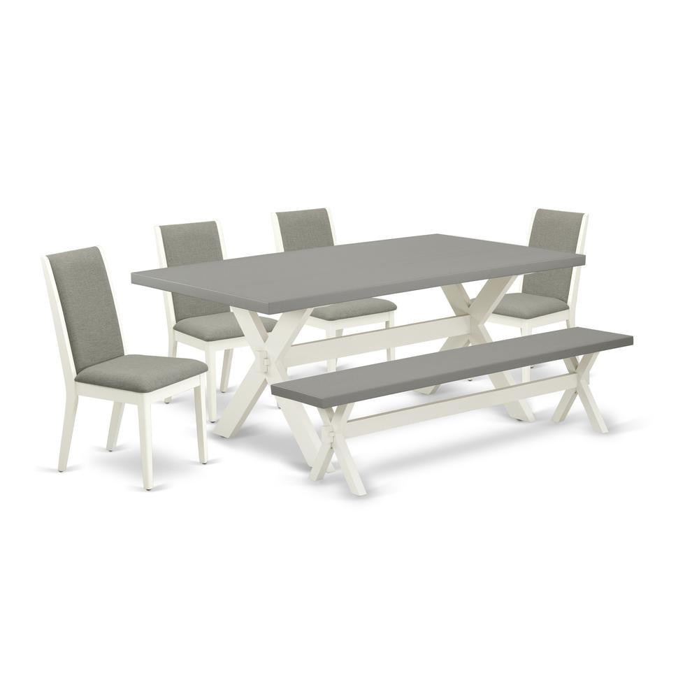 East West Furniture X097LA206-6 6-Piece Gorgeous Rectangular Table Set an Outstanding Cement Color Rectangular Dining Table Top and Cement Color Dining Room Bench and 4 Excellent Linen Fabric Dining C. Picture 1