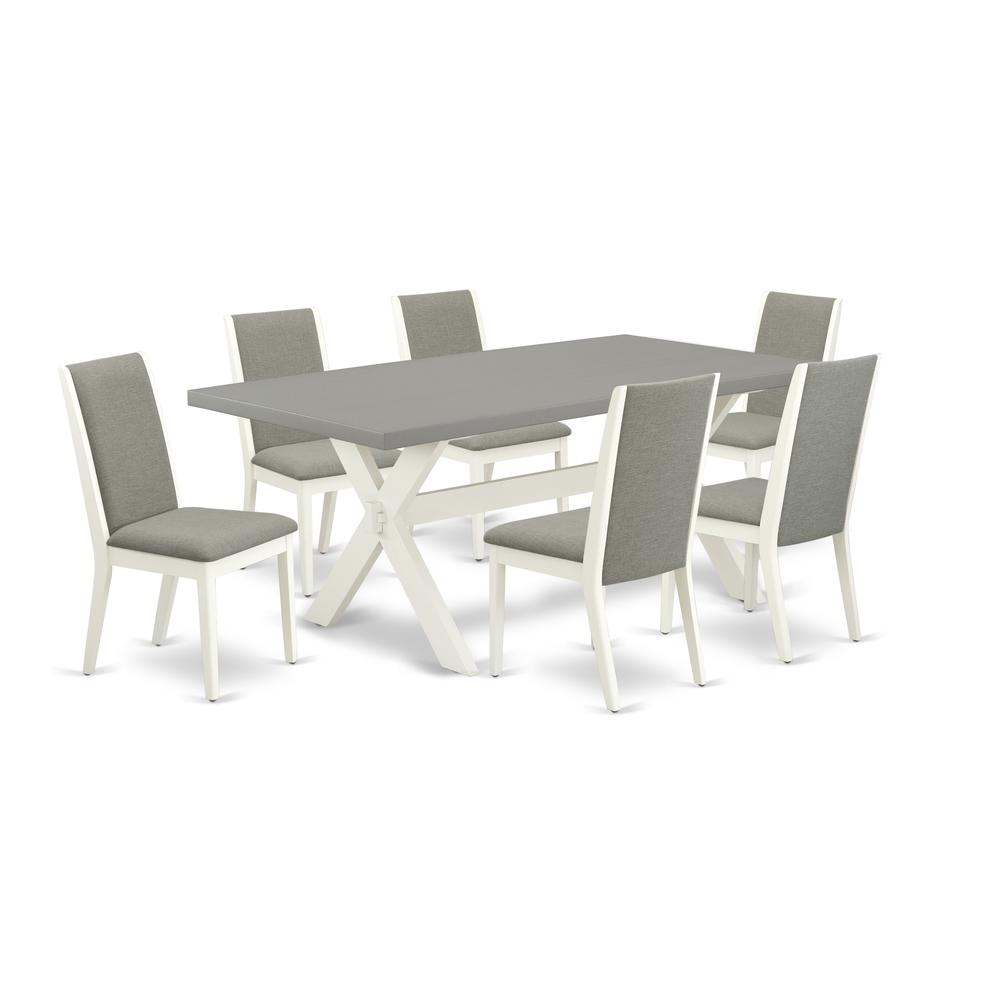 East West Furniture X097LA206-7 7-Piece Modern Rectangular Table Set an Outstanding Cement Color Dining Table Top and 6 Awesome Linen Fabric Parson Dining Chairs with Stylish Chair Back, Linen White F. Picture 1