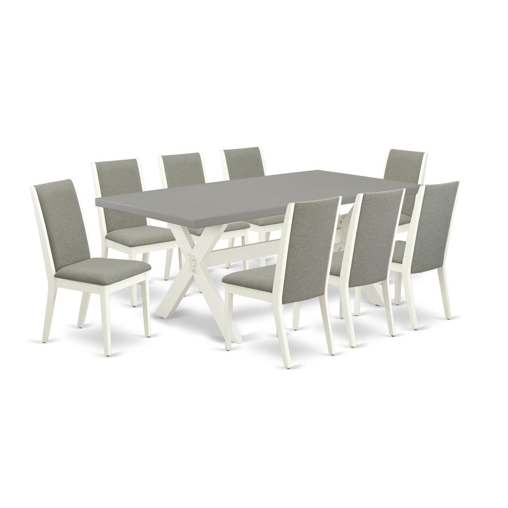 East West Furniture X097LA206-9 9-Piece Fashionable a Good Cement Color Modern Dining Table Top and 8 Gorgeous Linen Fabric Parson Dining Chairs with Stylish Chair Back, Linen White Finish. Picture 1