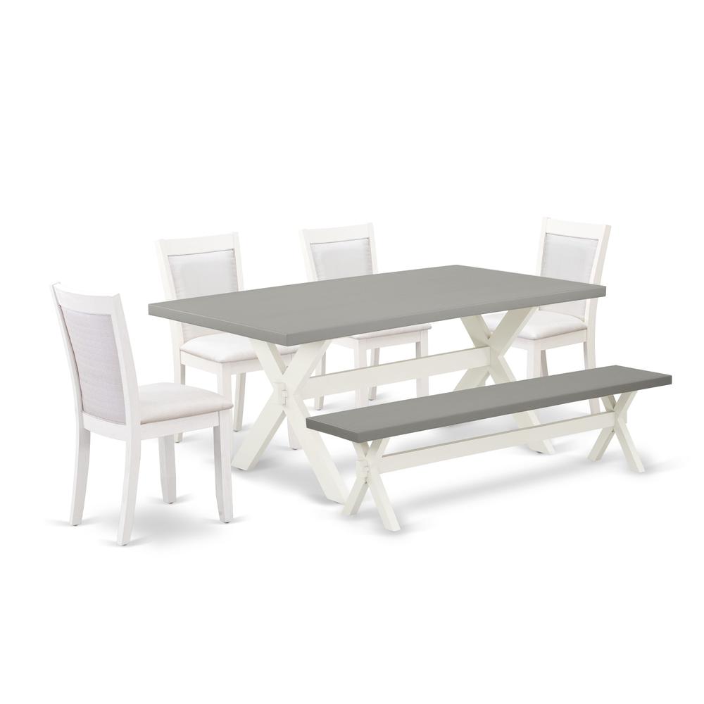 East West Furniture 6-Pc Dining Room Set Consists of a Dinning Table - 4 Cream Linen Fabric Dining Chairs with Stylish Back and a Small Bench - Wire Brushed Linen White Finish. Picture 2