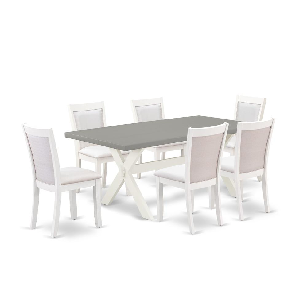 East West Furniture 7-Pc Modern Dining Set Consists of a Dining Room Table and 6 Cream Linen Fabric Upholstered Chairs with Stylish Back - Wire Brushed Linen White Finish. Picture 2
